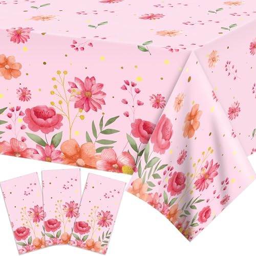 3 Pcs Watercolor Pink Flower Tablecloth 54x87In