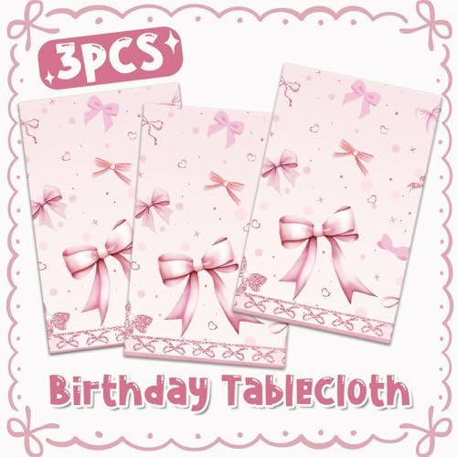 PATIAI Pink Bow Birthday Tablecloths 3Pcs Disposable Plastic Rectangular 54x108 Inches