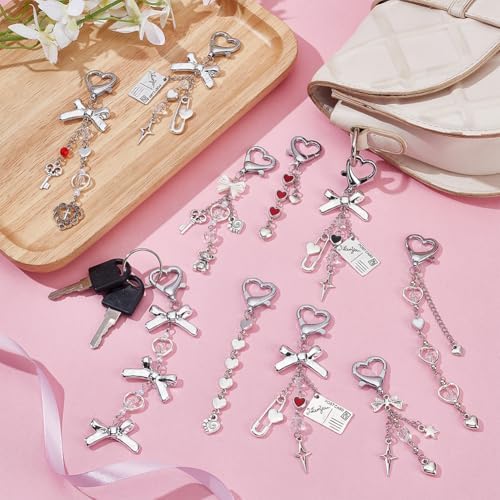 PH PandaHall 10pcs Heart Keychains with Bow Charms