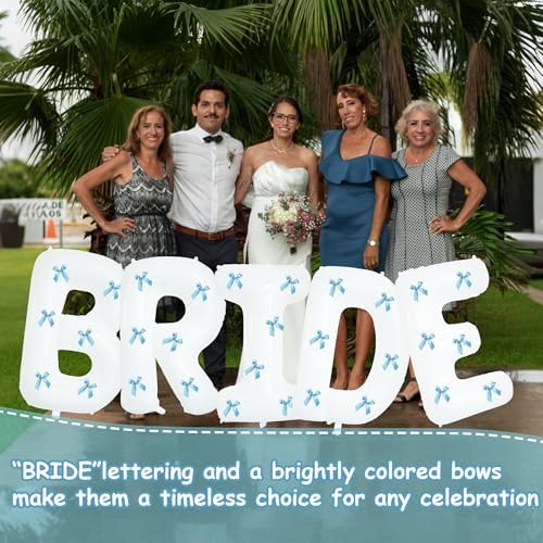 40 Inch White Bride Balloons with 30 Light Blue Bows
