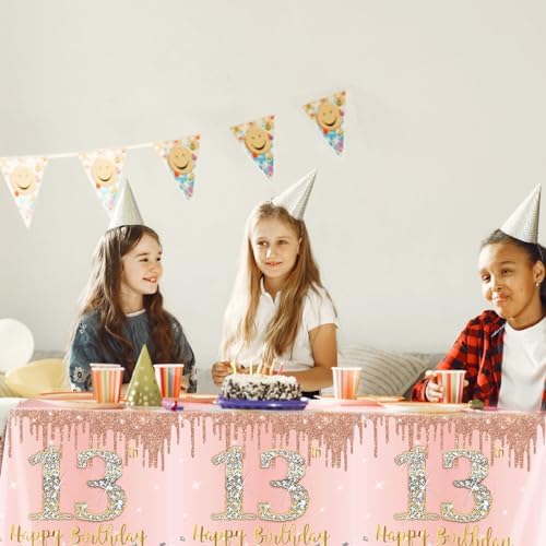 3PCS Rose Gold 13th Birthday Tablecloth Decorations
