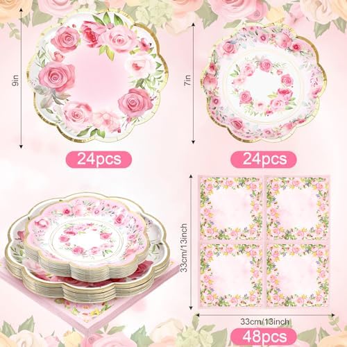 Tanlade 96 Pcs Pink Floral Plates Napkins Set for 24 Guests