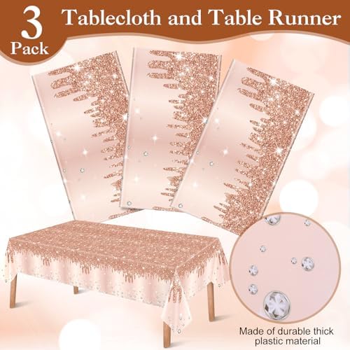 Ganeen 3 Pcs Rose Gold Tablecloths with Glitter Decor