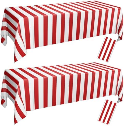 2 Pcs Red and White Striped Tablecloths for Carnival Parties
