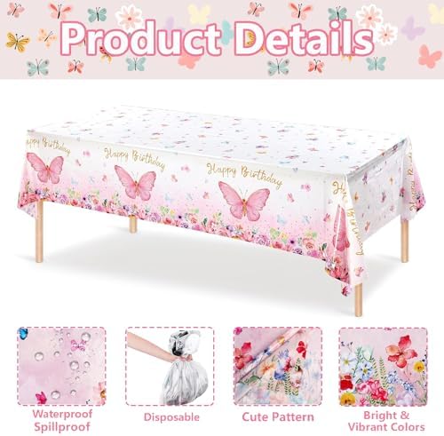 3PCS Pink Butterfly Party Tablecloth Table Cover 54x108 Inch