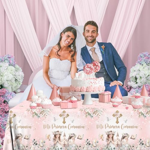 3Pcs First Communion Table Cloth with Golden Cross and Flowers