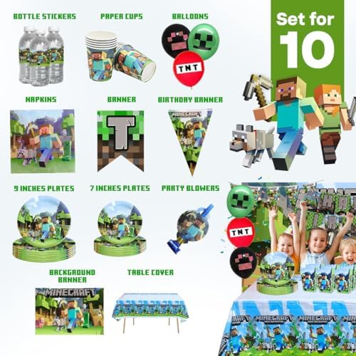 Pixel Miner Craft Birthday Party Decor Kit for 10