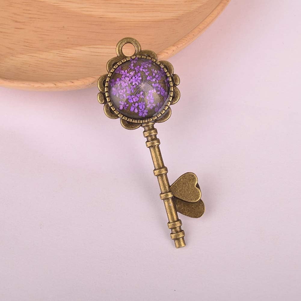 Purple Heart Babysbreath Round Bezel Key Pendant Charm Necklace DIY Findings