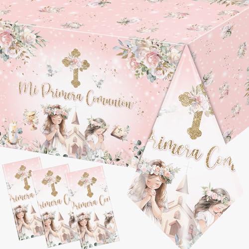 3Pcs First Communion Table Cloth with Golden Cross and Flowers