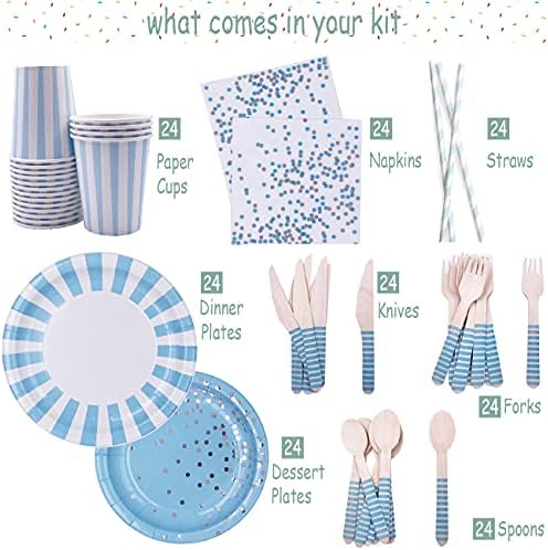 Blue Striped Party Tableware Set for 24 Guests
