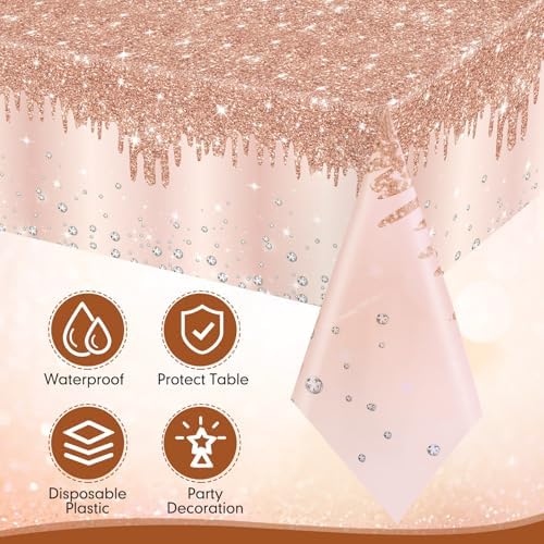 Ganeen 3 Pcs Rose Gold Tablecloths with Glitter Decor