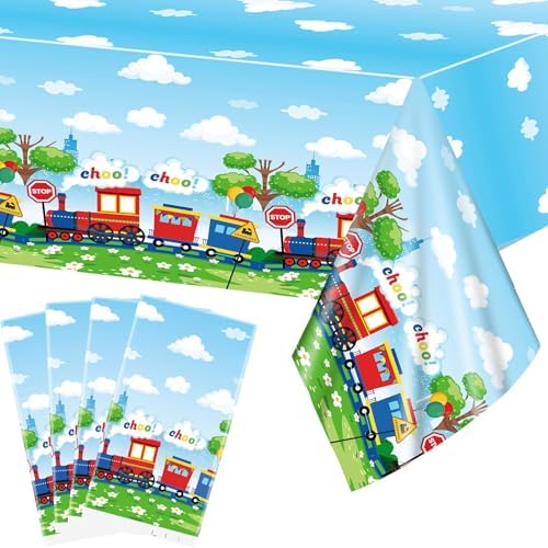 4 Pack Train Birthday Tablecloth Decorations for Boy Party