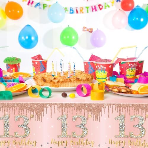 3PCS Rose Gold 13th Birthday Tablecloth Decorations