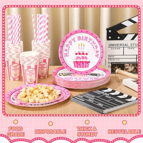 Yungyan 180 Pcs Pink Movie Theme Birthday Party Set