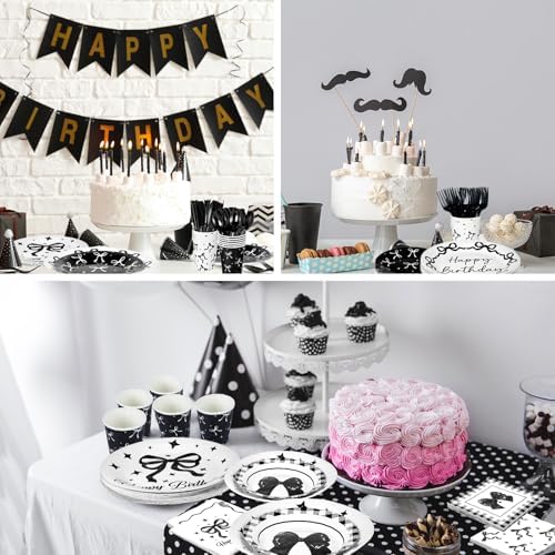 Ouvibor 168 Pcs Black Bow Party Tableware Set for 24 Guests