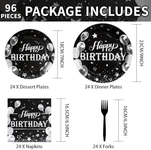 96Pcs Black and Silver Birthday Party Supplies Set