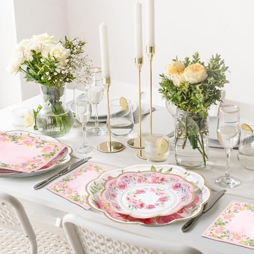 Tanlade 96 Pcs Pink Floral Plates Napkins Set for 24 Guests