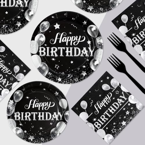 96Pcs Black and Silver Birthday Party Supplies Set