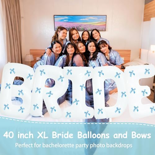 40 Inch White Bride Balloons with 30 Light Blue Bows
