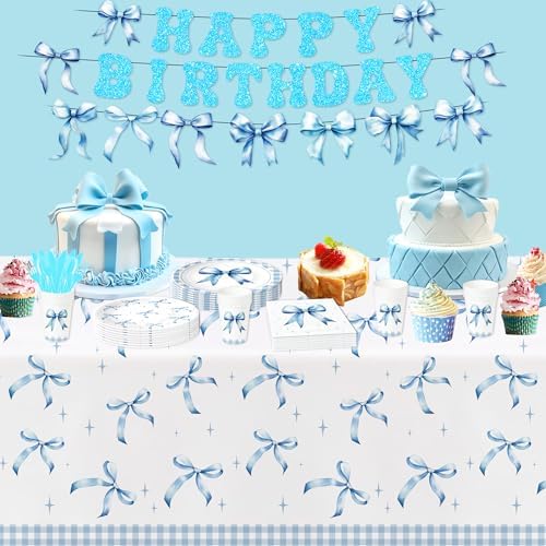 Blue Bow Party Tablecloth 3pcs for Birthday Baby Shower