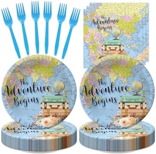 48Pcs Travel Themed Adventure Party Decorations Plates Napkins Forks