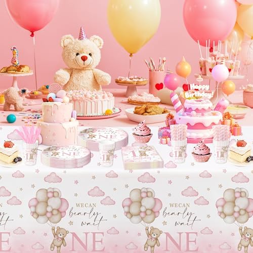 Bear 1st Birthday Tablecloth Set for Girl 3 Pack