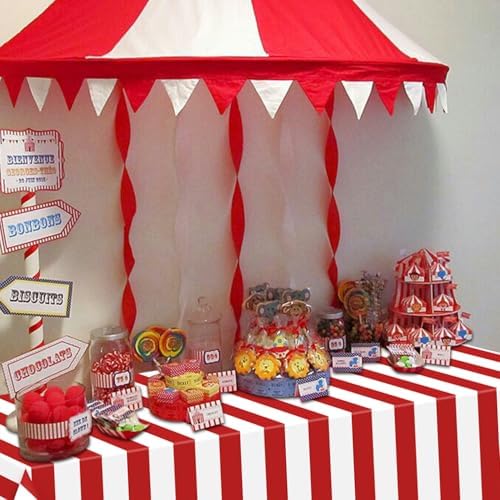 2 Pcs Red and White Striped Tablecloths for Carnival Parties