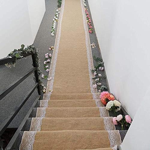 BalsaCircle 30 Feet Natural Brown Burlap Aisle Runner with White Lace