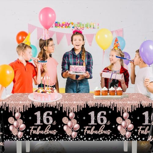 16th Birthday Decorations Rose Gold Black Glitter Tablecloths Set 3Pcs