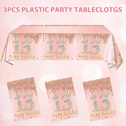 3PCS Rose Gold 13th Birthday Tablecloth Decorations