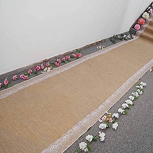 BalsaCircle 30 Feet Natural Brown Burlap Aisle Runner with White Lace