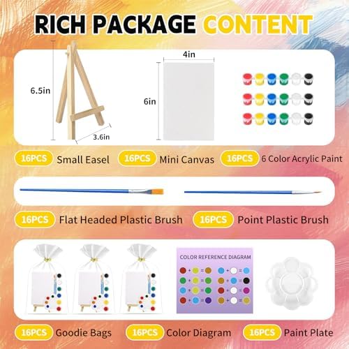 16 Pack 4x6 Inch Acrylic Paint Set with Mini Canvas and Easel