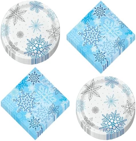 Winter Snowflake Paper Plates and Napkins Set Serves 16