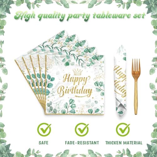 Sage Green Birthday Tableware Set with Plates Napkins Forks