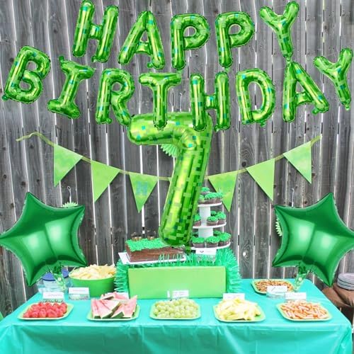 Green Pixel Birthday Decorations Set for 7th Birthday
