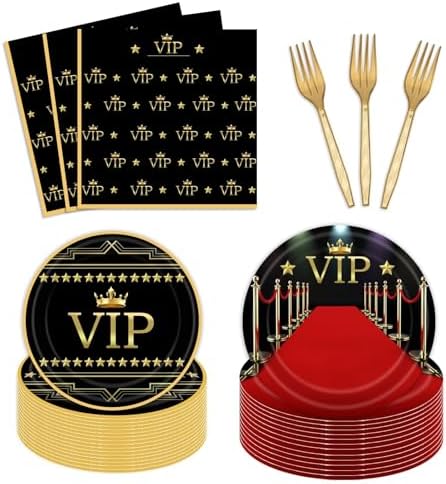 96Pcs VIP Party Supplies Red Carpet Plates Napkins and Forks Set