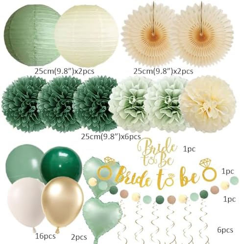 Sage Green Bridal Shower Decor Kit with Gold Balloons