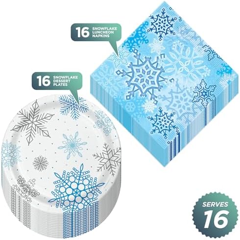 Winter Snowflake Paper Plates and Napkins Set Serves 16