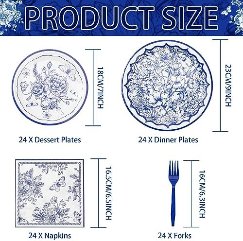 Grencian 96Pcs Blue White Floral Party Tableware Set