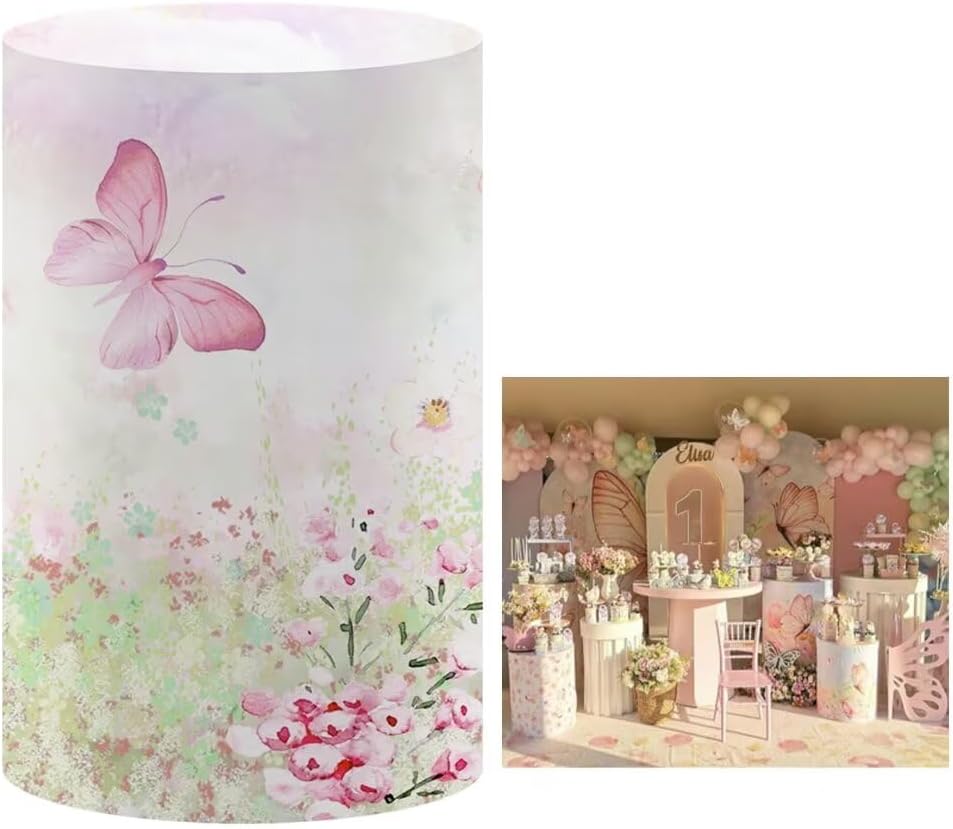 KONPON Butterfly Pink Floral Stretchy Cylinder Table Cover for Birthday Parties