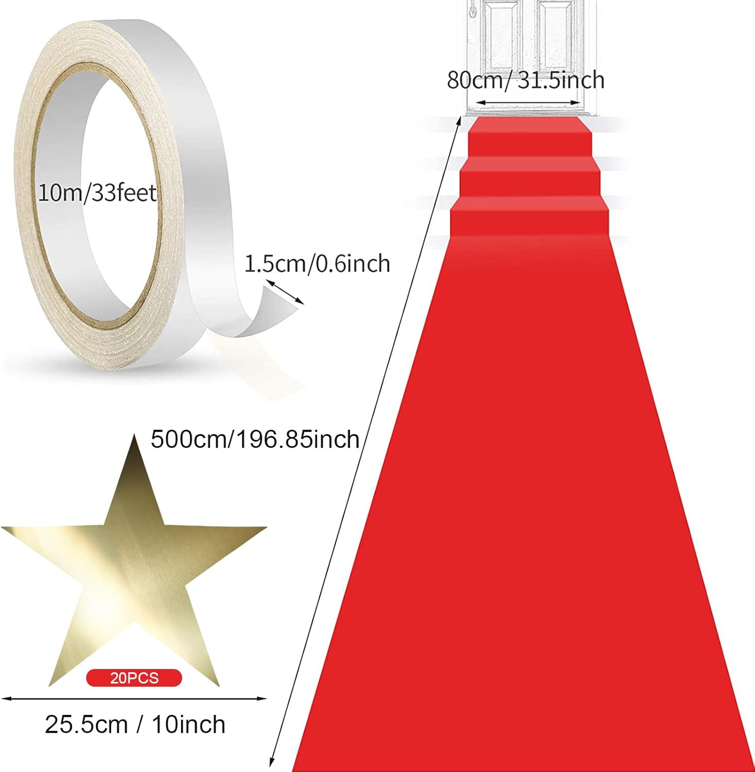 Shappy Red Carpet Runner with 20 Paper Stars 26x164ft