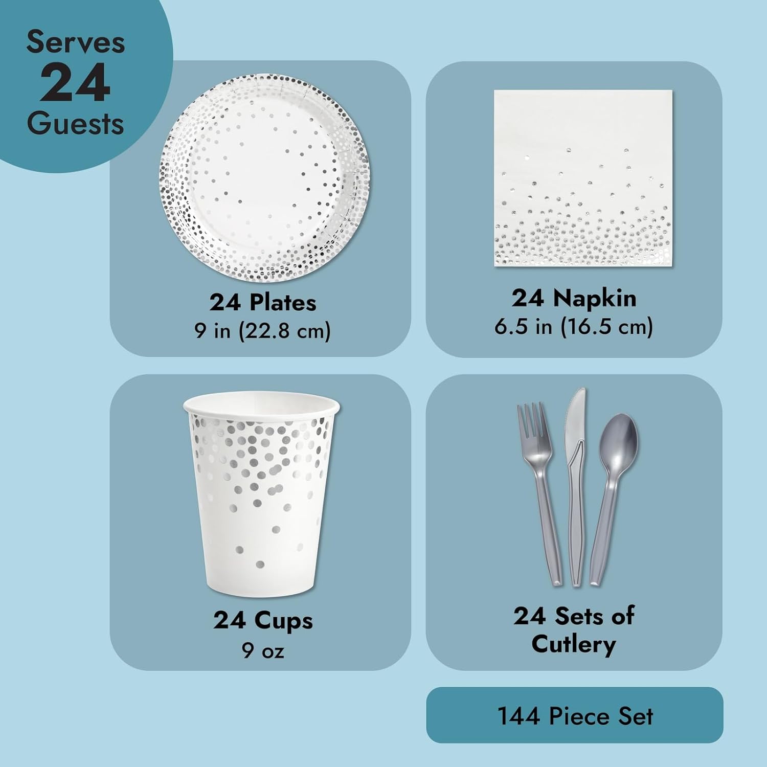 Juvale 144 Piece Silver Party Supplies Set