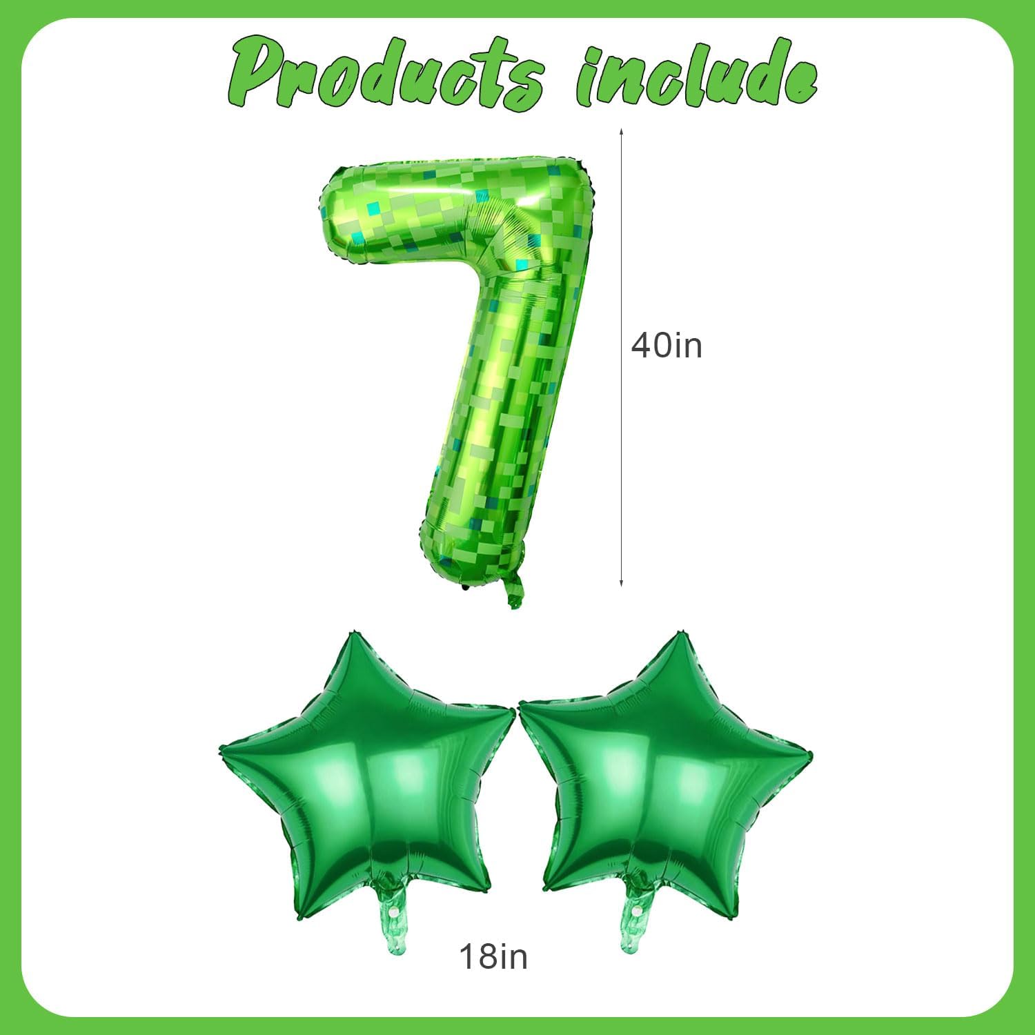 Green Pixel Birthday Decorations Set for 7th Birthday