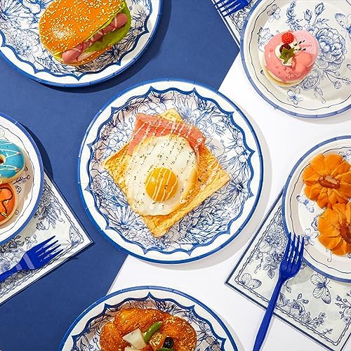 Grencian 96Pcs Blue White Floral Party Tableware Set
