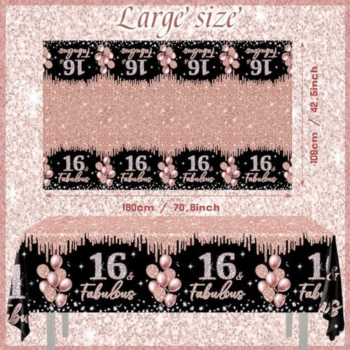 16th Birthday Decorations Rose Gold Black Glitter Tablecloths Set 3Pcs