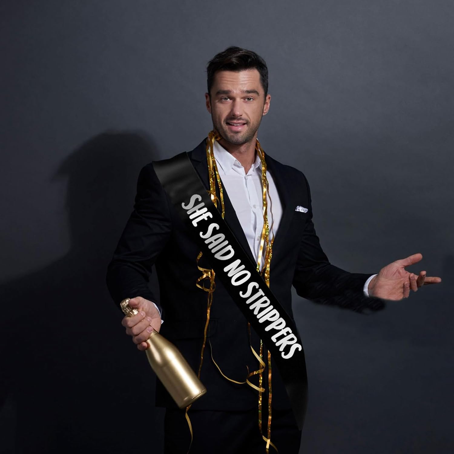 Groom Sash with She Said No Strippers - Black Silver