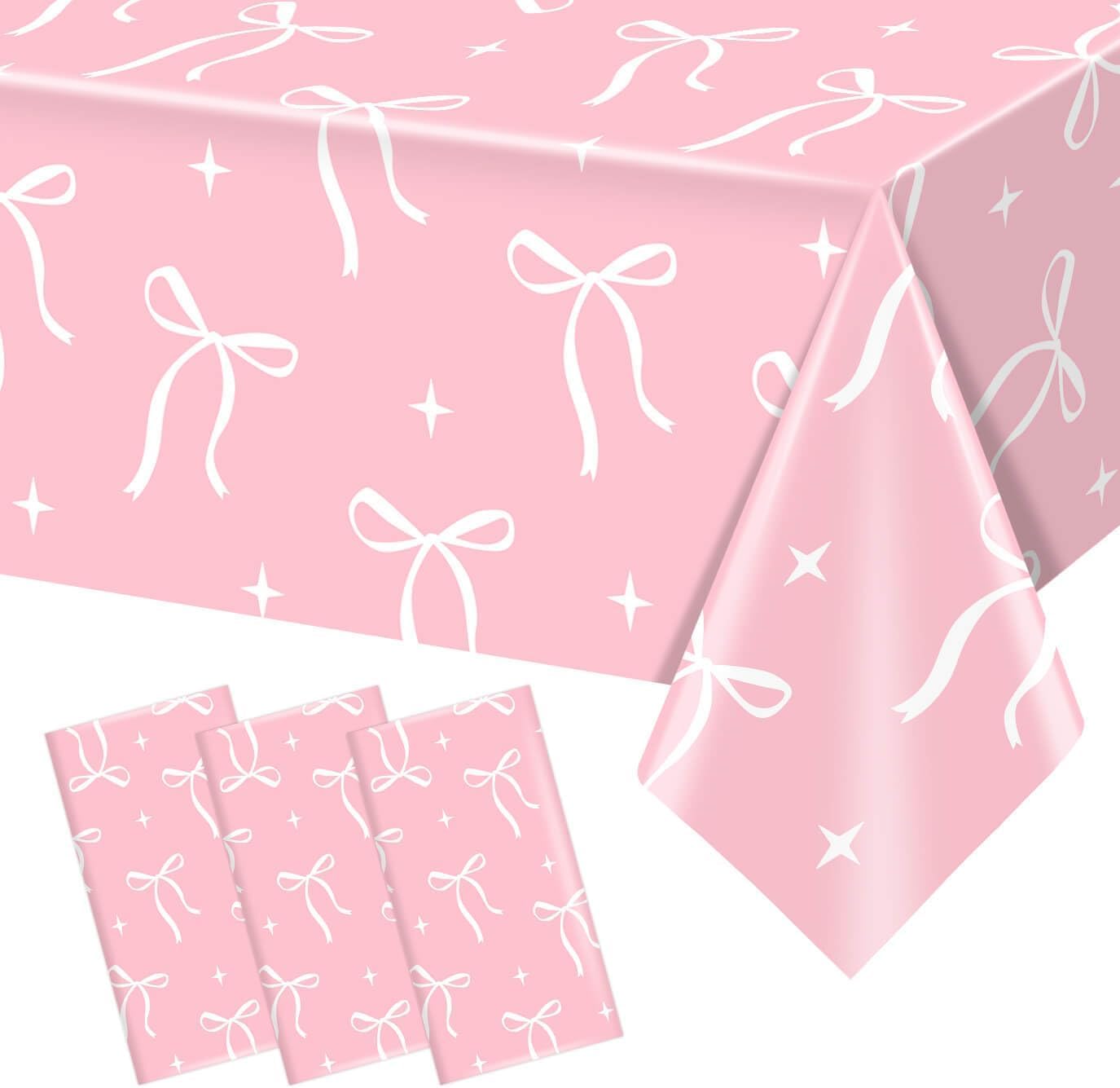3Pcs Pink Bow Tablecloth for Birthday Party Supplies 108x54in