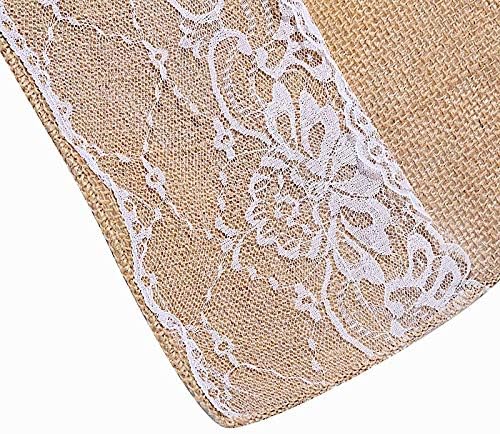 BalsaCircle 30 Feet Natural Brown Burlap Aisle Runner with White Lace