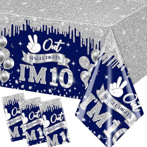 10th Birthday Decorations for Boys 3pcs Blue Silver Tablecloths