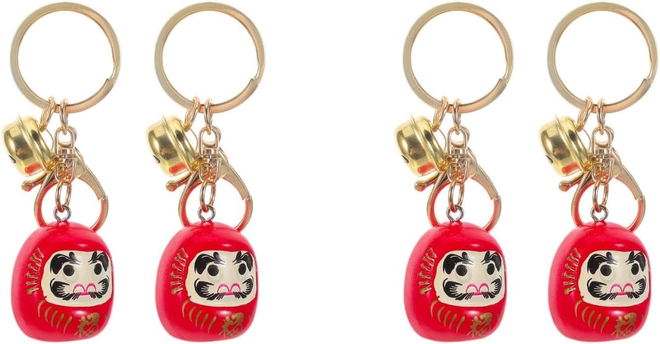 LOGOFUN 4PCS Japanese Daruma Keychain with Bell Good Luck Charm - Red